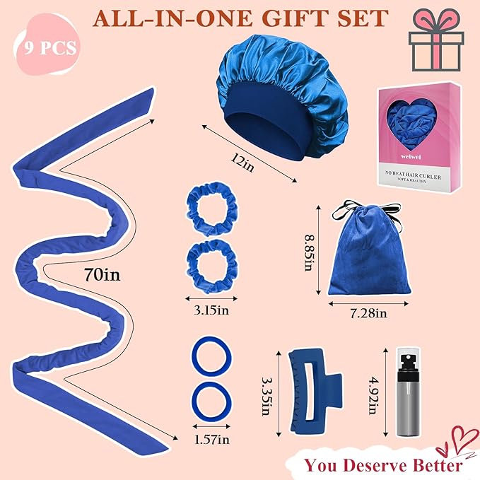 weiwei No Heat Curlers, Overnight Curls No Heat Curling Headband Soft Hair Curler Rollers to Sleep In, 70 Inches Non Heat Hair Wrap Curling Rod Ribbon for Women Long Wave Hair, 9 PCS Gift Set (Blue)