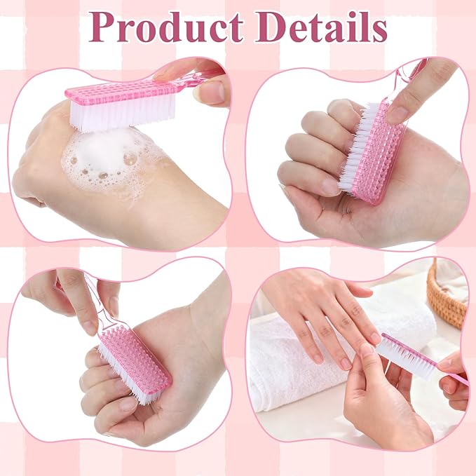 60PCS Handle Grip Nail Cleaning Brushes, Hand Fingernails Scrubber Brushes Pedicure Dust Brush Manicure Tools for Women Men Home Salon Nail Foot Toes Cleaner (Clear Pink)