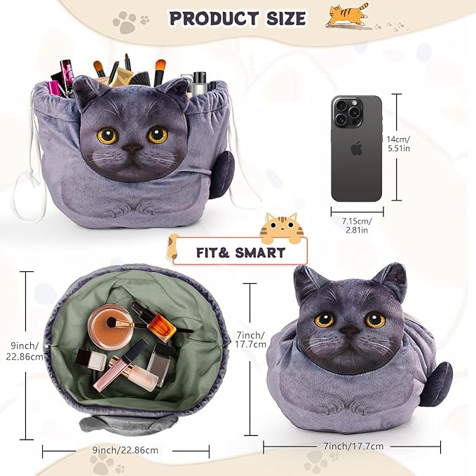 Openhaha Drawstring Makeup Organizer, Travel Cosmetic Pouch - Cat Gift for Women, Lay Flat Makeup Bag Gifts for Cat Lovers