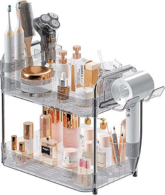 Bathroom Countertop Organizer,Makeup Counter Organizer With Hair Dryer Holder,Compatible with Dyson Blow Dryer,Electric Toothbrush And Toothpaste Holder,2-Tier Detachable Design,Transparent