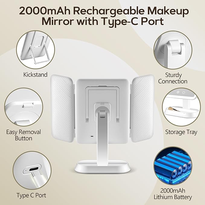 Vanity Mirror with Lights, Lighted Makeup Mirror with 30X/10X/5X Magnification, Rechargeable Trifold Mirror with 3 Color & Adjustable Brightness, Travel Makeup Mirror with Lights for Desk