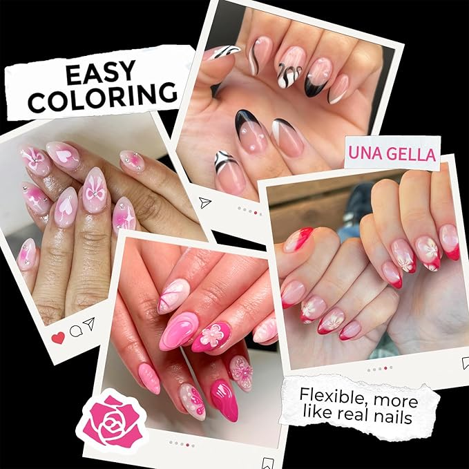 UNA GELLA Short Almond Fake Nails 216pcs Pre-shape Gel Acrylic Nail Tips for Full Cover Nail Extension Home DIY Nail Salon 12 Sizes Gelly Tips