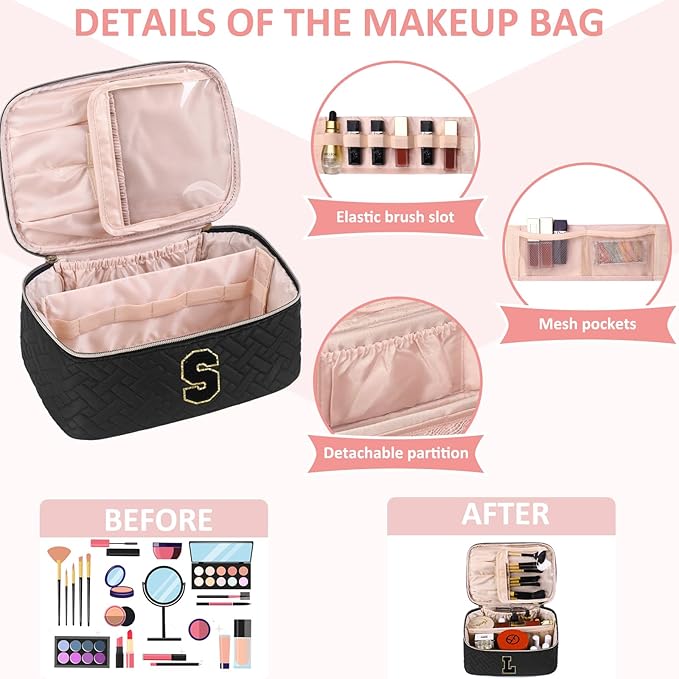 Gifts Initial Makeup Organizer Bag for Girls, Chenille Letter Personalized Cosmetic Bag with Zipper | Preppy Quilted Portable Makeup Pouch Teen Birthday Gifts (T, Balck)