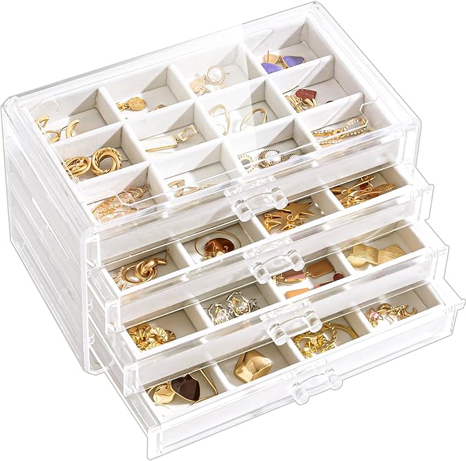 Lolalet Earring Holder Organizer Box Jewelry Storage with 4 Drawers, Clear Acrylic Stackable Earring Case with Adjustable Velvet Trays for Women on Dresser Vanity -Warmwhite, 4 Layers