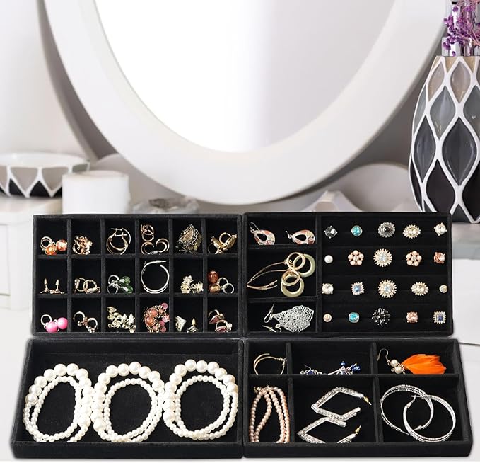 Jewelry Organizer Tray Set Of 8 Jewelry Trays For Drawers and Can Effectively Organize Jewelry Such As Rings, Earrings, Necklaces And Bracelets Jewelry Drawer Organizer (Black)
