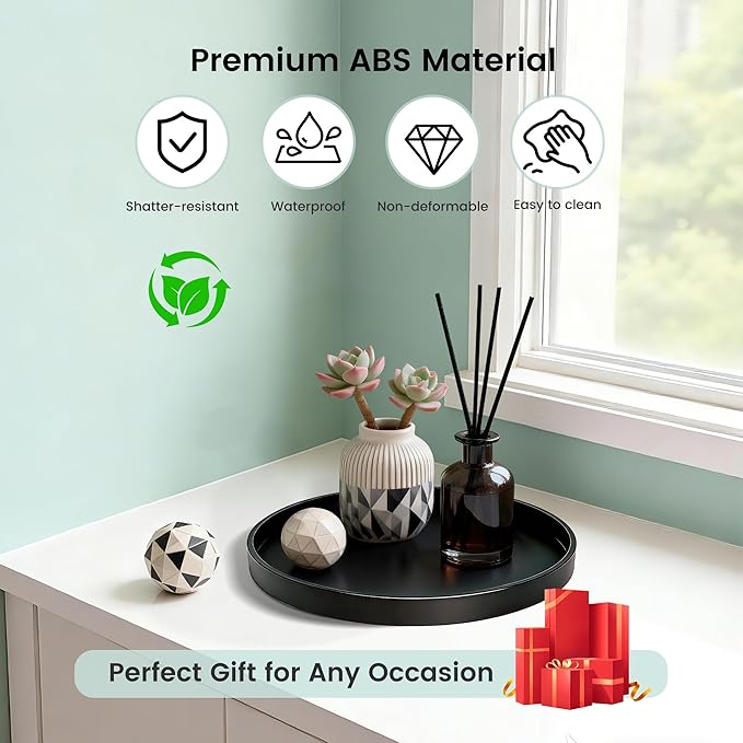 1 Pack 10" Bathroom and Vanity Tray, ABS Bathroom Counter Organizer， Coffee Table Decor for Perfume, Candles, Keys &More. Kitchen Countertop Organizer, Decorative Tray Soap Holder, Black