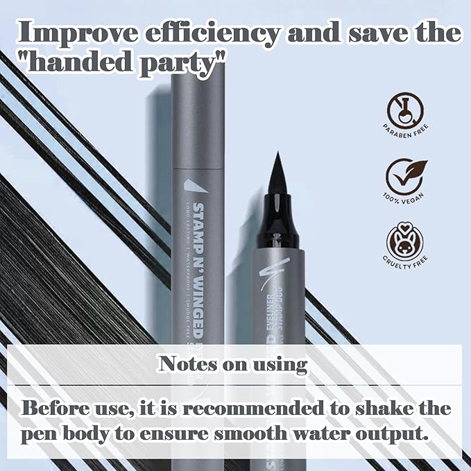 Winged Eyeliner Stamp & Liquid Pen Duo – Waterproof, Smudge-Proof, Dual-Ended Cat Eye Stamp for Perfect Wings – Long-Lasting Black Eyeliner for Beginners & Makeup Lovers