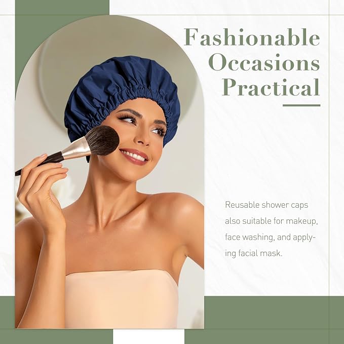 Reusable Shower Cap for Women, Large Waterproof Shower Bonnet with Elastic Band, Washable Bath Hair Cap for Long, Curly Hair, Braids, Daily Shower, Home Spa, Travel(Navy)