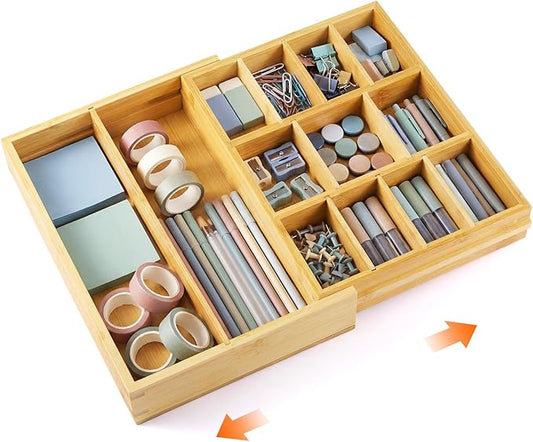 1 Pcs Bamboo Desk Drawer Organizer Wood 2 Inch Height Expandable Drawer Organizer Trays with 13 Adjustable Compartments Desk Accessories for Makeup Silverware Office Bathroom(Wood, Natural)