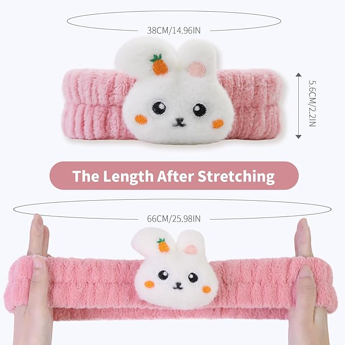 Kawaii Spa Headbands for Women Girls - 2 Pack Cute Bunny Soft Fleece Facial Headbands for Makeup, Skincare and Face Washing, Dark Pink+Purple Rabbit