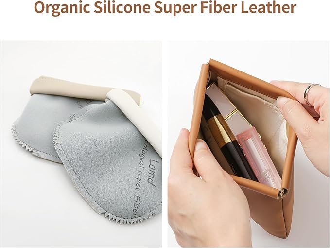 2 Pack Small Makeup Bag for Women, New Organosilicon Super Fiber Leather Mini Cosmetic Bag for Travel, Coin Purse Organizer Storage Pouch (Brown)