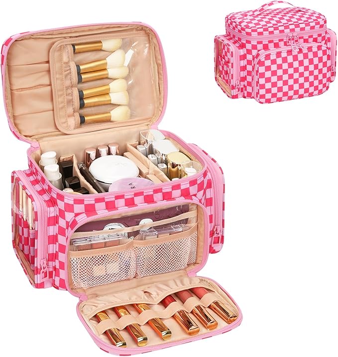 Large Checkered Makeup Bag, Travel Makeup Bag Organizer for Women Girls with Makeup Brush Compartment & Two Side Pockets, Cosmetic Travel Bag Vertical Storage Toiletry Bag- Hotpink