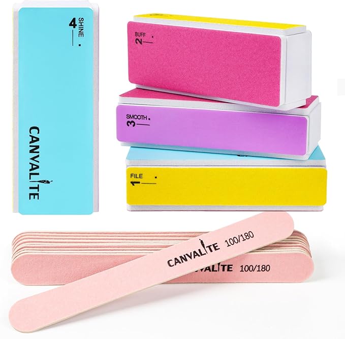 Canvalite Nail Files and Buffers, Shapes/Smooths/Shines Multi-Functional File & Polishing Buffing Block with 100/180 Grit Emery Boards, 14pcs Manicure Kit Natural Nail Care