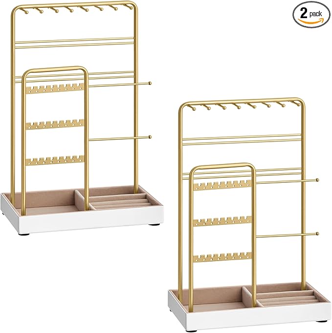 SONGMICS Set of 2 Jewelry Holders, Jewelry Organizers Display Stands with Metal Frame, Velvet Tray, Necklace Earring Bracelet Holders, for Studs, Rings, Gift Idea, Pale Gold UJJS021A01V1-2J