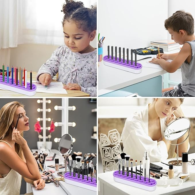 Unaone Silicone Makeup Brush Holder, Multipurpose Beauty Tool Organizer Make up Brush Storage Stand for Painting Pen Brushes Nail Clippers Drill Pens Ruler Sewing Craft Tools (Purple)