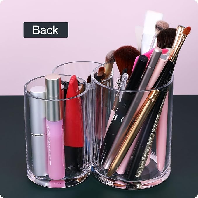 Makeup Brush Holder,Acrylic Clear Round Remote Control Pen Pencil Hair Nail Brush Comb Organizer with 3 Slots