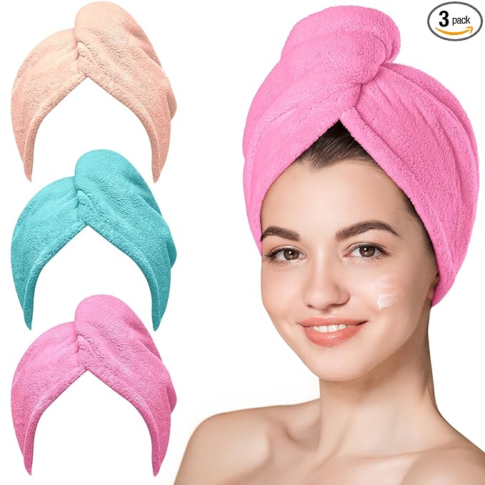 Hicober Microfiber Hair Towel, 3 Packs Hair Turbans for Wet Hair, Drying Hair Wrap Towels for Curly Hair Women Anti Frizz (Light Aqua,Peachy Coral, Sweet Pink)