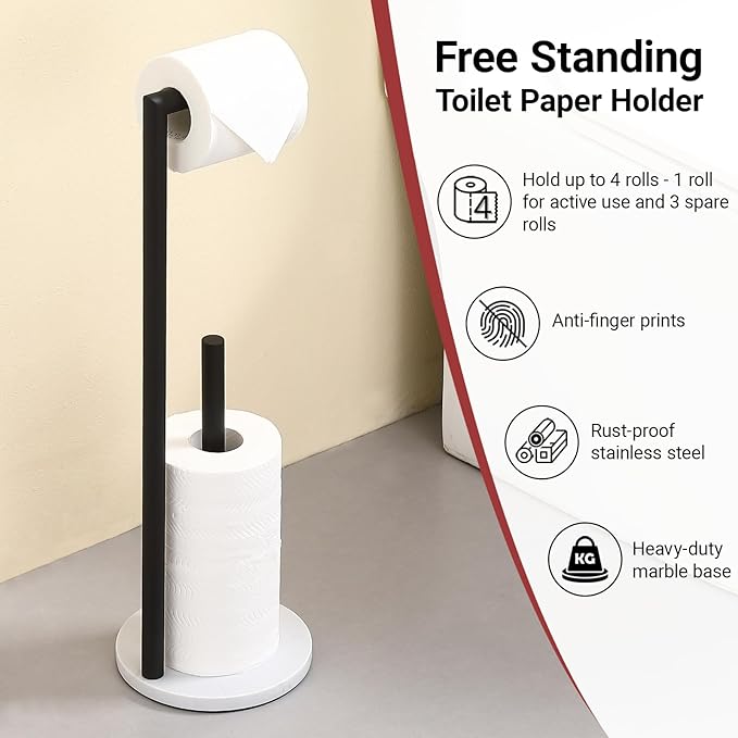 Hoooh Free Standing Toilet Paper Holder with Reserve - Heavyweight Marble Base & Matte Black Stainless Steel Bathroom Tissue Stand