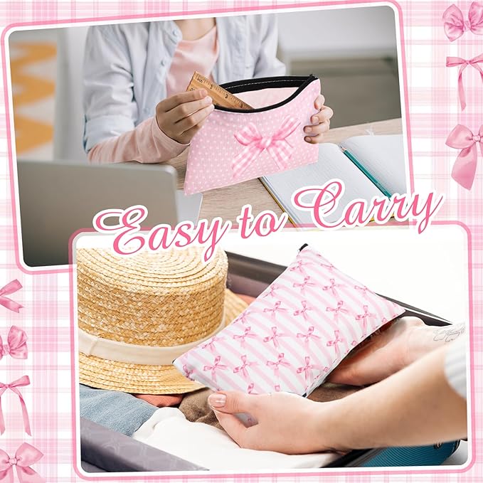 Reginary 20 Pieces Cosmetic Bag for Women, Roomy Makeup Bags with Zipper Toiletry Bag Pouch Travel Accessory Organizer Gifts, 7 x 4.3 Inches(Pink Bow)