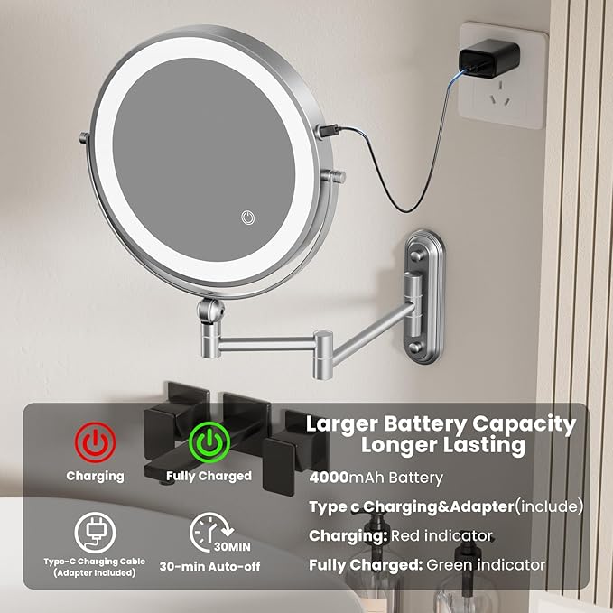 9" Wall Mounted LED Lighted Makeup Vanity Mirror - 4000mAh Rechargeable Double Sided 1X/30X Magnifying Mirror, 3 Color Lights Touch Dimmable, Height Adjustable Extended Arm 360° Swivel Bathroom Mirror