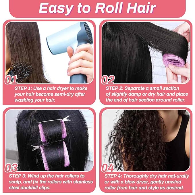 Rollers Hair Curlers Set of 48 with 24 Curlers (6 Jumbo, 6 Large, 6 Medium, 6 Small) and 24 Clips for Long, Medium, Short Hair (Purple)