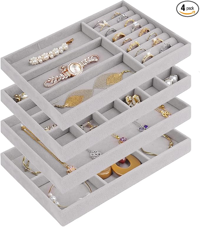 Cirhy 4 Stackable Jewelry Trays Organizer Set for Drawer, Jewelry Organizers and Display Case Storage, Velvet Drawer Inserts Organizer for Necklace Bracelets Earrings Organizer, Gift For Her, Grey