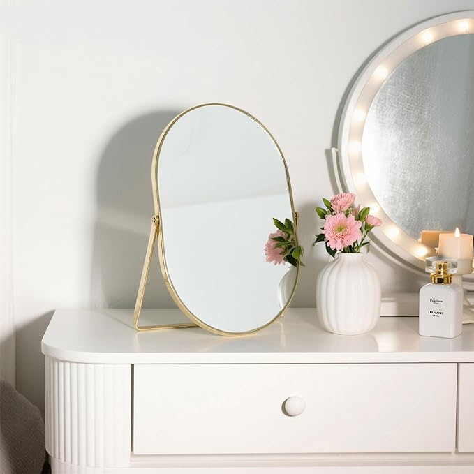 Feyarl Champagne Gold Oval Vanity Mirror 12x8 Inch Vertical Tabletop Makeup Mirror Decorative Standing Cosmetic Mirror for Bedroom Bathroom Desk Dresser