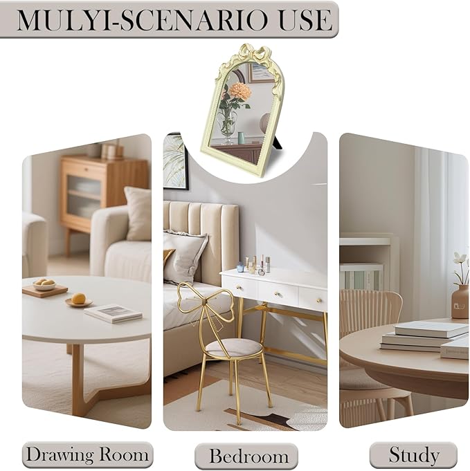 Cream Bow Mirror - 13x10 Inch Perfect Elegant Decorative Accent, Wall-Mounted Tabletop Makeup Mirror for Nursery Baby Room Bedroom Decor