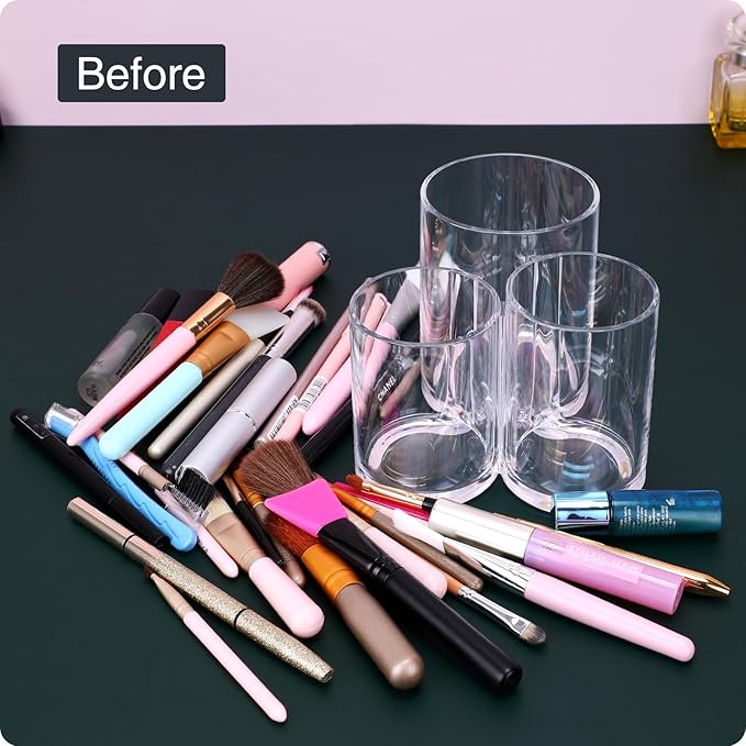 Makeup Brush Holder,Acrylic Clear Round Remote Control Pen Pencil Hair Nail Brush Comb Organizer with 3 Slots