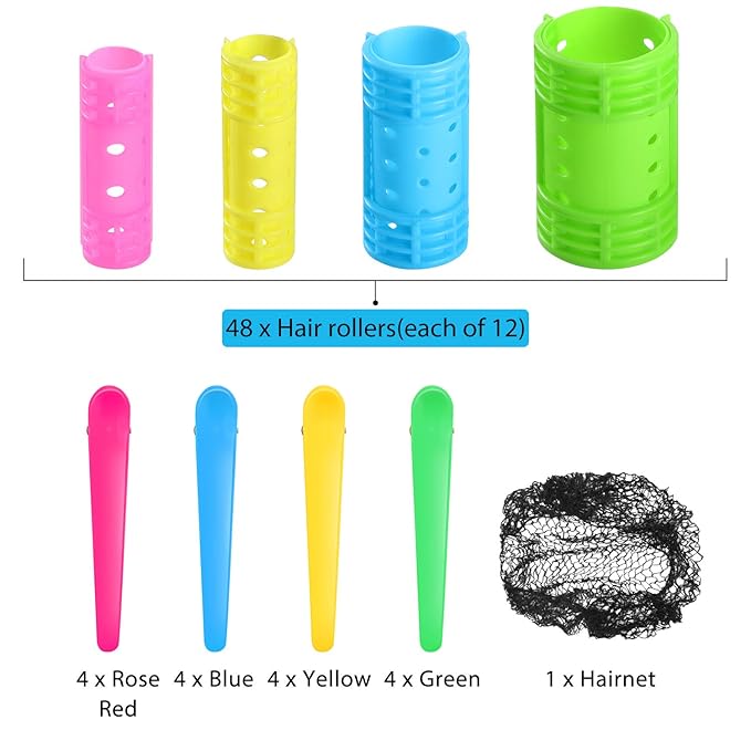 WILLBOND 65 Pieces Magnetic Hair Rollers Set Plastic Rollers Curlers with Clips 4 Sizes for Long Medium Short Hair, Duck Clips Hairnet Hairdressing Styling Tool(Colorful)