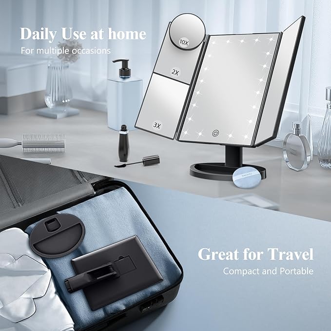 HUONUL Makeup Mirror Vanity with Lights, 2X 3X 10X Magnification, Touch Control, Trifold Mirror, Dual Power Supply, Gifts for Women, Wife, Mom, Teengirls(Black)