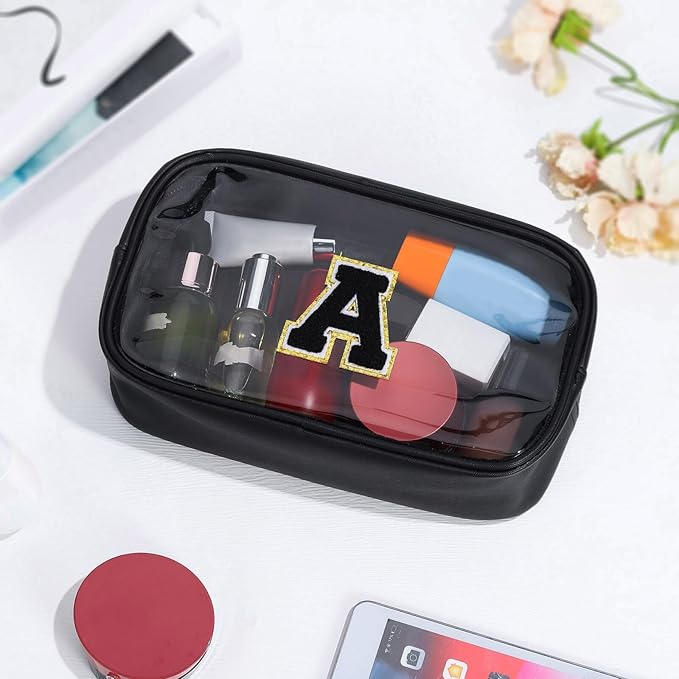 YOOLIFE Initial Travel Makeup Bag Pouch, Clear Toiletry Bag for Women Travel Accessories Cosmetic Bag Skin Care for Teen Make Up Bags Birthday Gifts for Women Unique Teacher Mom Friends Gifts Black N
