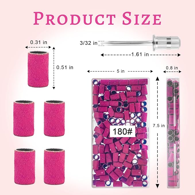 180Grit Nail Sanding Bands for Nail Drill, Pink Sanding Band for Nail Drill Fine Sanding Bands for Nail Drill with 3/32” Nail Sanding Bit for Natural Nail, 100Pcs Sand Band Set for Manicure & Pedicure