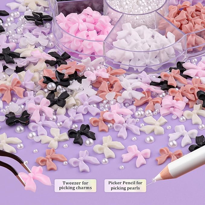 1 Box 3D Bow Charms & Flatback Pearls Set - 120 Pcs Cute Bow Charms in 6 Colors + 2-4mm White Nail Pearls with Pickup Tweezer & Pencil for Nail Art Decoration