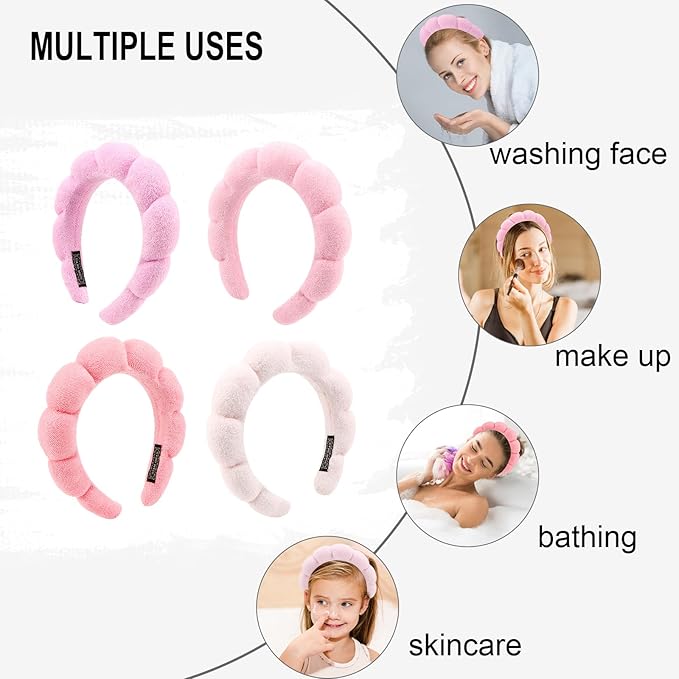 Canitor 4 PCS Spa Headband - Pink Skincare Makeup Face Wash Skin Care Make Up Cute Preppy Teen Girl Gifts Trendy Stuff Aesthetic Bachelorette Party Favors Valentines Day Christmas
