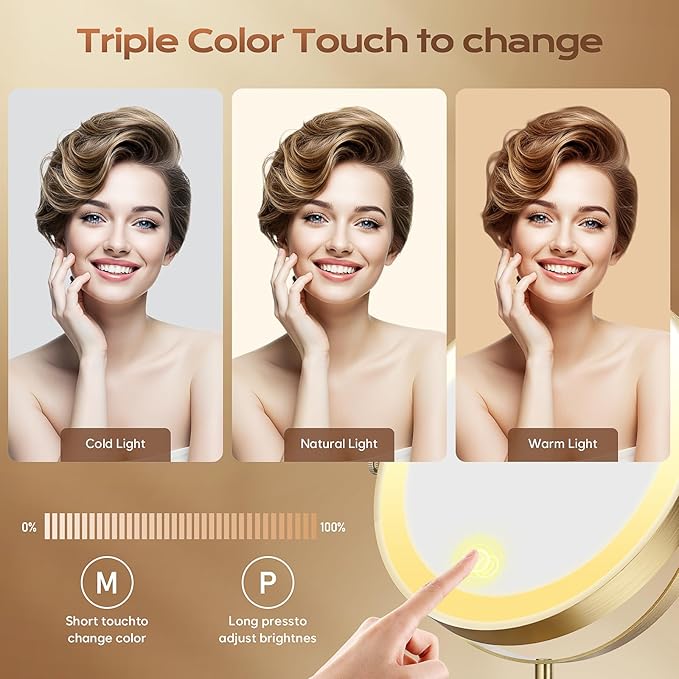Makeup Mirror with Lights, 1x/20x 360° Rotation Vanity Mirror, Brightness Adjustable Lighted Makeup Mirror with Magnification, 5000 mAh Rechargeable Double Sided Mirror with 3 Colors, Gift for Women