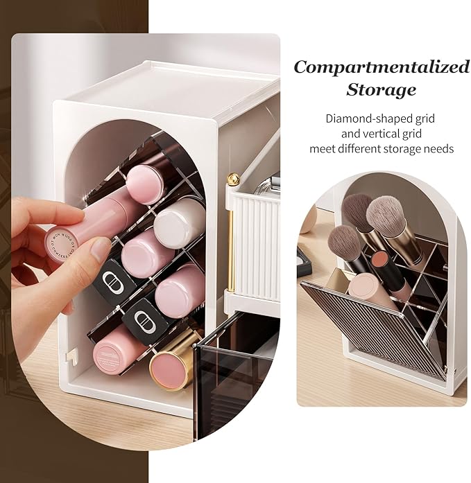 Seoneiro Makeup Organizer with Drawers, Cosmetic Storage for Dresser Countertop and Bathroom Vanity, Beauty Holder for Lipstick Brush Skincare Display case (Milky White + Dark Brown)