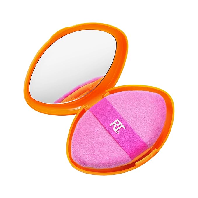 Real Techniques Miracle 2-In-1 Powder Puff + Travel Case, Dual-Sided Makeup Blending Puff, Elastic Band, Precision Makeup Sponge & Powder Puff, For Liquid, Cream & Powders, Travel Case, 2 Count