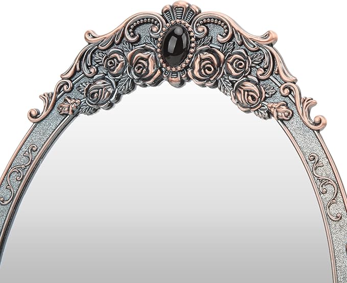 Cyrank Vintage Makeup Mirror, Oval Floral Mirror Decorative Tabletop Makeup Metal Vintage Cosmetic for Home Decorative(Red Bronze)