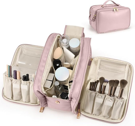 Travel Makeup Bag Women's Large Capacity Cosmetic Portable Organizer Large Opening Waterproof Storage Toiletry Bags Vertical Free-Standing Brush Holder for Easy Access Pink