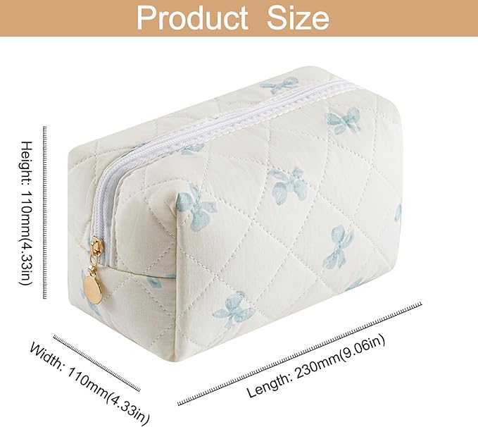 Makeup Bag Travel Cosmetic Bag for Women Girls, Zipper Make Up Pouch, Floral Flowers Toiletry Organizer Makeup, Portable Storage Bag, Cosmetic Travel Cloth Bag (Blue Bow Tie)