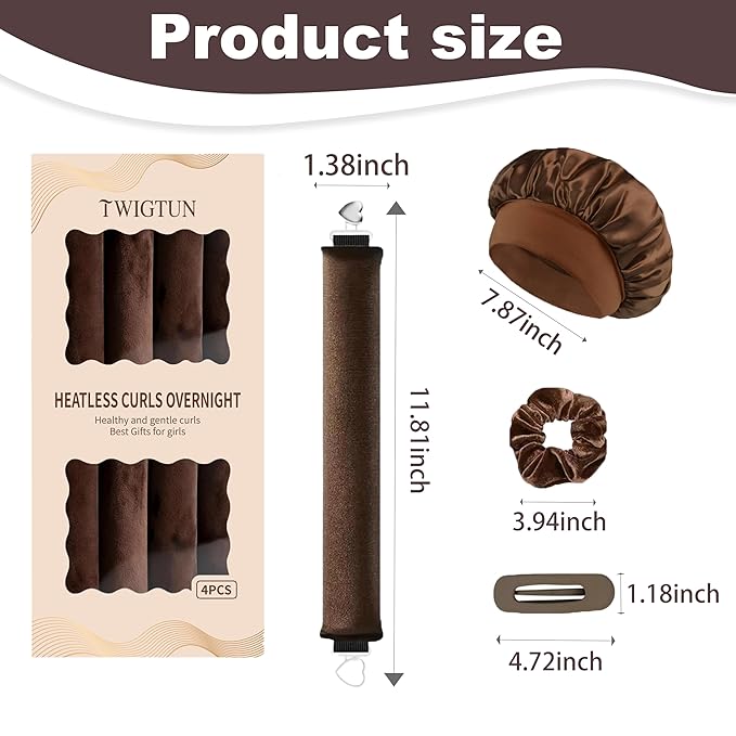 Heatless Curls Overnight Hair Curlers - 4 Pcs No-Heat Curling Rod to Sleep In and Shower Cap,Velvet Hair Rollers with Satin Wrap (new packaging)