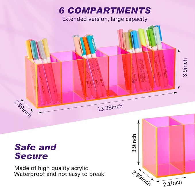 Jetec Acrylic Pen Holder 6 Compartments Makeup Brush Stationery Organizer Pencil Holder for Desk Accessories, Cosmetic Brushes, Dorm, Home, Bathroom, Kitchen, Office Supplies(Neon Pink)