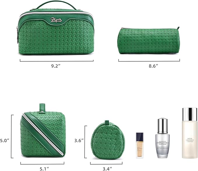 BOYATU Travel Makeup Bag Cosmetic Bags for Women: Large Capacity 3 Pcs Set Make up Bag with Compartments - Waterproof Vegan Leather Toiletry Organizer Bags with Handle (L12 Green)