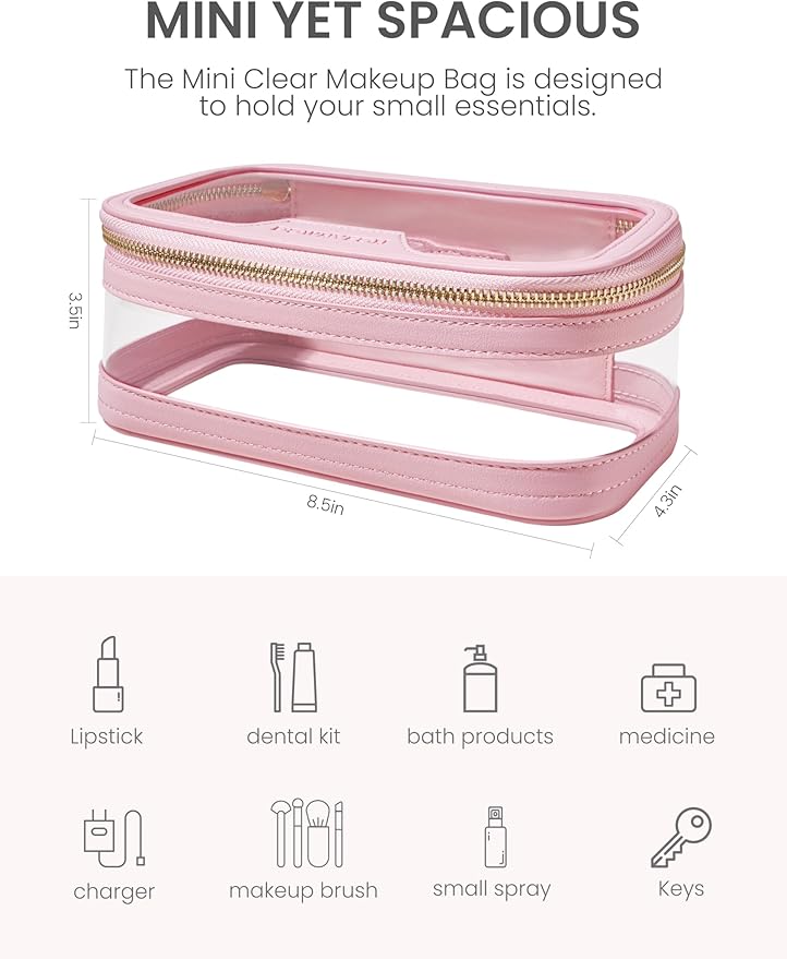 ROWNYEON Waterproof Toiletry Organizer Train Case, CLear Travel Makeup Bag for Women，Transparent Cosmetic Bag，Portable Makeup Case Organizer (pink)