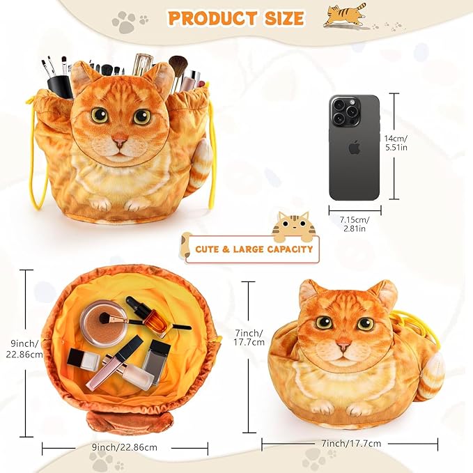Openhaha Drawstring Travel Organizer, Cosmetic Pouch - Cat Gift for Women, Lay Flat Makeup Bag Gifts for Cat Lovers (2-Pack)