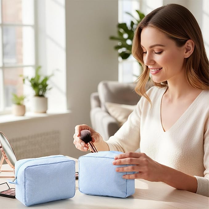 Sanwuta 9 Seersucker Cosmetic Bag Bulk Pinstripe Makeup Bag for Women Aesthetic Cute Travel Toiletry Organizer Preppy Storage Pouch for Wedding Bridesmaid Christmas Gift (Large,Blue)