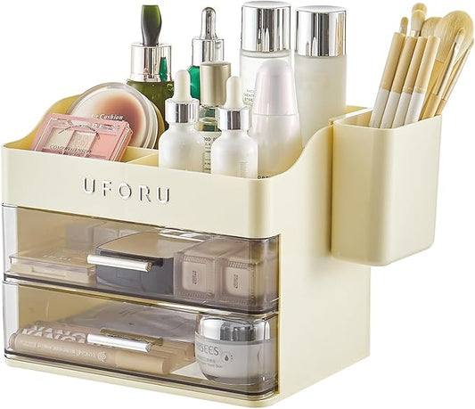 Makeup Organizer for Vanity with Brush Holder, Countertop Skincare Organizer with 2 Drawers, Spacious Cosmetic Display Case for Perfumes, Eyeshadow Palettes, Nail Polishes