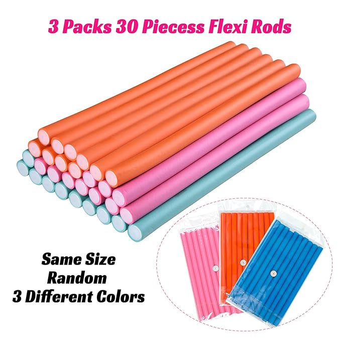 Royota 30PCS 9.45" Flexible Curling Rods,Heatless Twist Soft Foam Hair Rollers Home Use for Women Girls Long and Short Hair (0.55 x 9.45 Inch, Random Color)