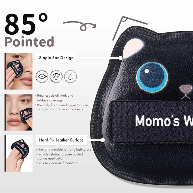 2-Pack Cute Black Cat Makeup Sponges, 85° Precision Tip Blender for Foundation & Concealer, Rubycell & PU Leather for Flawless Full-Coverage Makeup & Storage Case